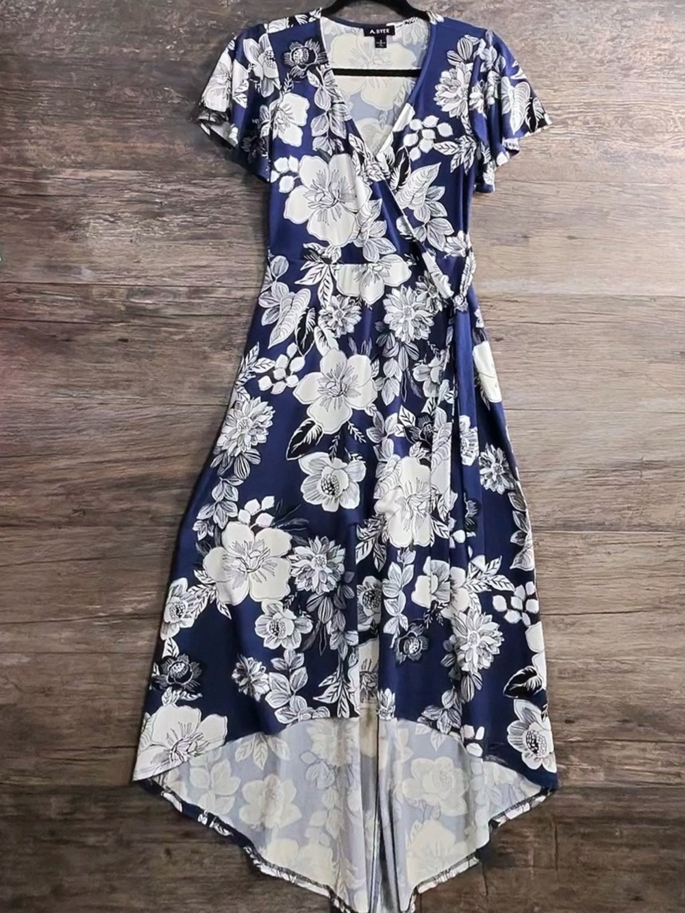 A. Byer Navy and White Floral High-Low Wrap Dress